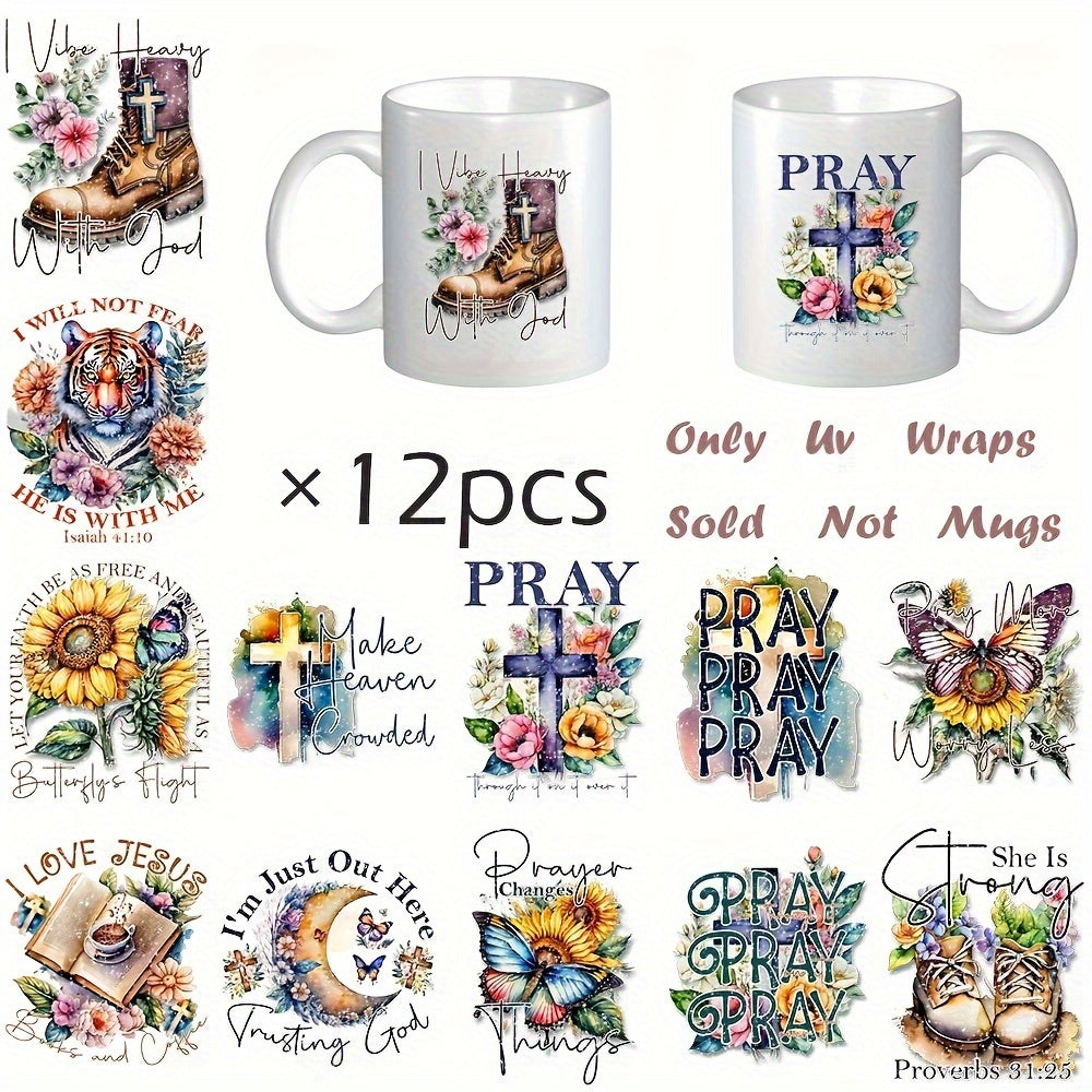 2D Flat Effect 12pcs Christian Religious UV DTF Transfer Stickers- Faith Bible Verses and Prayers, Cross, Jesus, Angels, Floral Designs and Inspirational Quotes, Suitable for DIY Mugs, Glass Jars, Coffee Cups- High-Adhesion Removable Decorations
