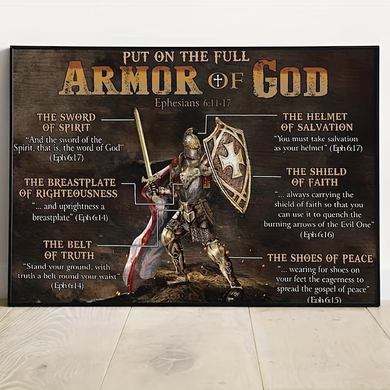 1pc of Faithgee Armor of God Wall Decoration Featuring a Knight Design. It Encourages Wearing The Full Armor of God. This Canvas Christian Gift Is a Horizontal Poster Without a Frame, Ideal for a Warrior of God