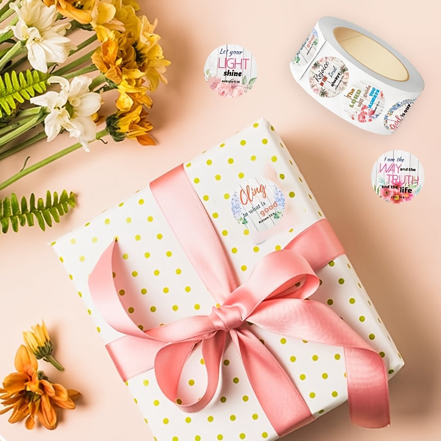 500pcs Faith Verse Stickers Roll -Inspirational Religious Quote Labels with Floral Rustic Style for Gift Packaging, Envelope Sealing, Journals, Scrapbooking and Decorative Use
