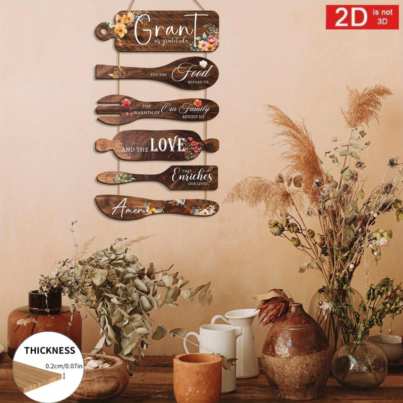 2D Flat, Bless the Food Before Us Rustic Farmhouse Wooden Kitchen and Dining Room Wall Decor - Brown Wood Grain Floral Hanging Sign, Thankful Quotes, Irregularly Shaped Wooden Artwork, Suitable for Thanksgiving, Christmas, Weddings - No Electricity