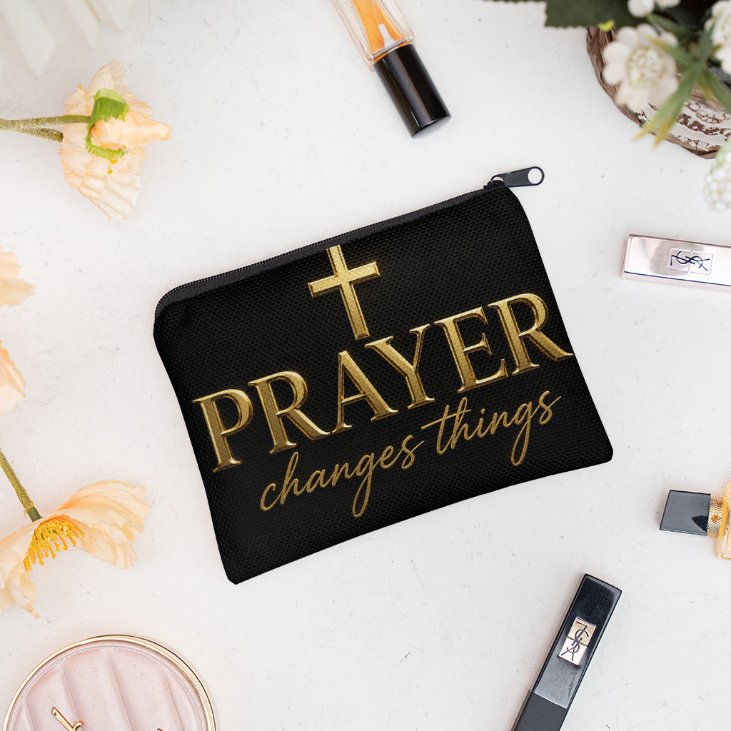 Coin Purse, Prayer Changes Things -Material Double Zippered Wallet And Organizer Pouch, Machine Washable Durable Fabric Wallet with Lipstick And Earphone Organizer, Gift for Travel, Everyday Use