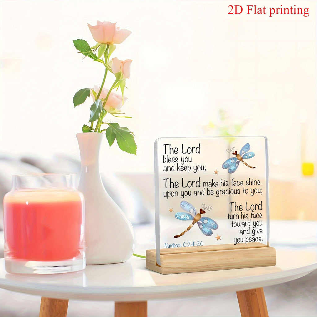 2D Flat, Transparent Acrylic Modern Christian Bible Verse Desktop Decor - Square Suitable for Home, Office & Church Ornament with Sturdy Base Stand, Dragonfly Starry Sky Design & Inspirational Scripture Display, Spiritual Ambiance for Easter Gifts