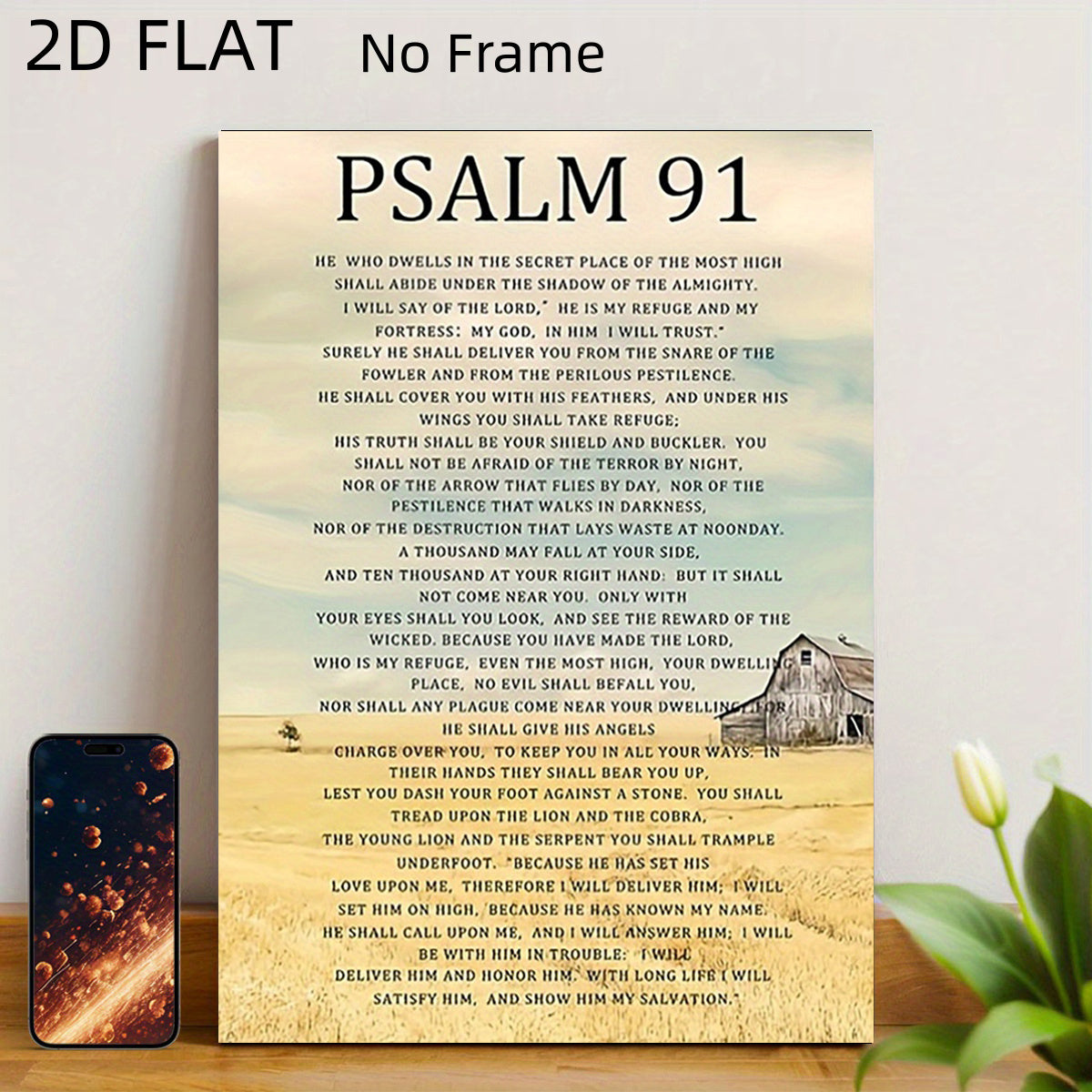 Psalm 91 Bible Verse Wall Art - 2D Flat, Rustic, Frameless Canvas with Psalm 91 Scripture Quote, Minimalist Hebrew Bible Book for Living Room, Bedroom, Office - 8in X 12in Religious Gift for Christians, 2D Flat, Halloween