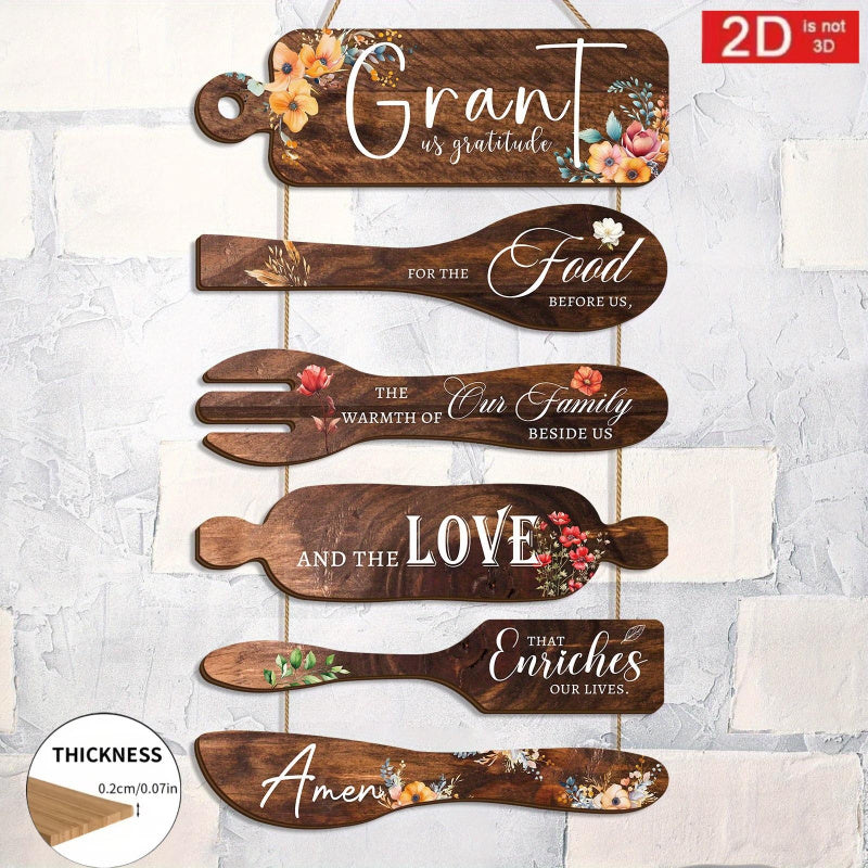 2D Flat, Bless the Food Before Us Rustic Farmhouse Wooden Kitchen and Dining Room Wall Decor - Brown Wood Grain Floral Hanging Sign, Thankful Quotes, Irregularly Shaped Wooden Artwork, Suitable for Thanksgiving, Christmas, Weddings - No Electricity