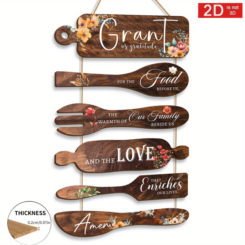 2D Flat, Bless the Food Before Us Rustic Farmhouse Wooden Kitchen and Dining Room Wall Decor - Brown Wood Grain Floral Hanging Sign, Thankful Quotes, Irregularly Shaped Wooden Artwork, Suitable for Thanksgiving, Christmas, Weddings - No Electricity