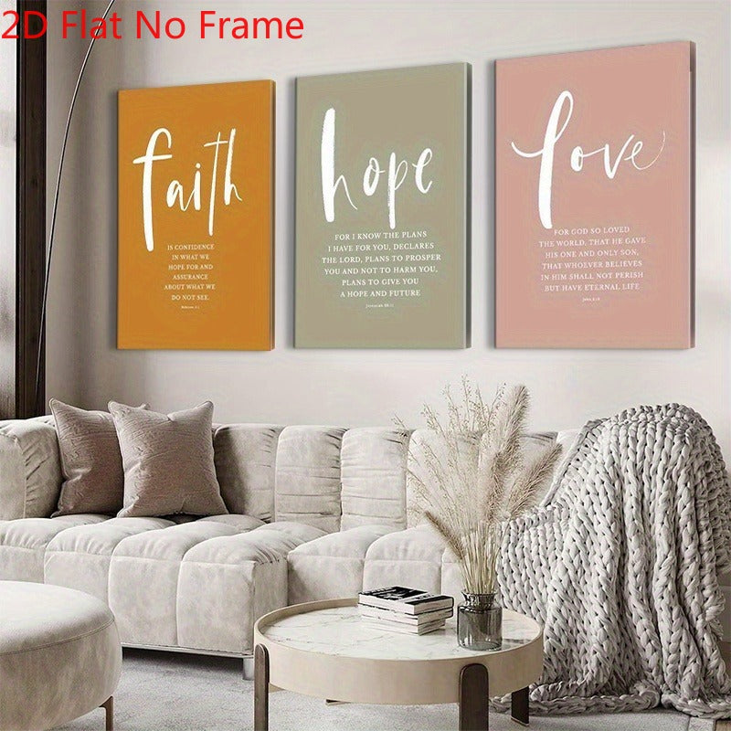 2D Flat, 3pcs 2D Flat Canvas Poster Set - Faith, Hope, Love, Bible Verses, Hebrew Christian Art Design, Perfect Gift for Him/Her, Frameless, Ideal for Bedroom, Office, or Living Room Decor, 2D Flat