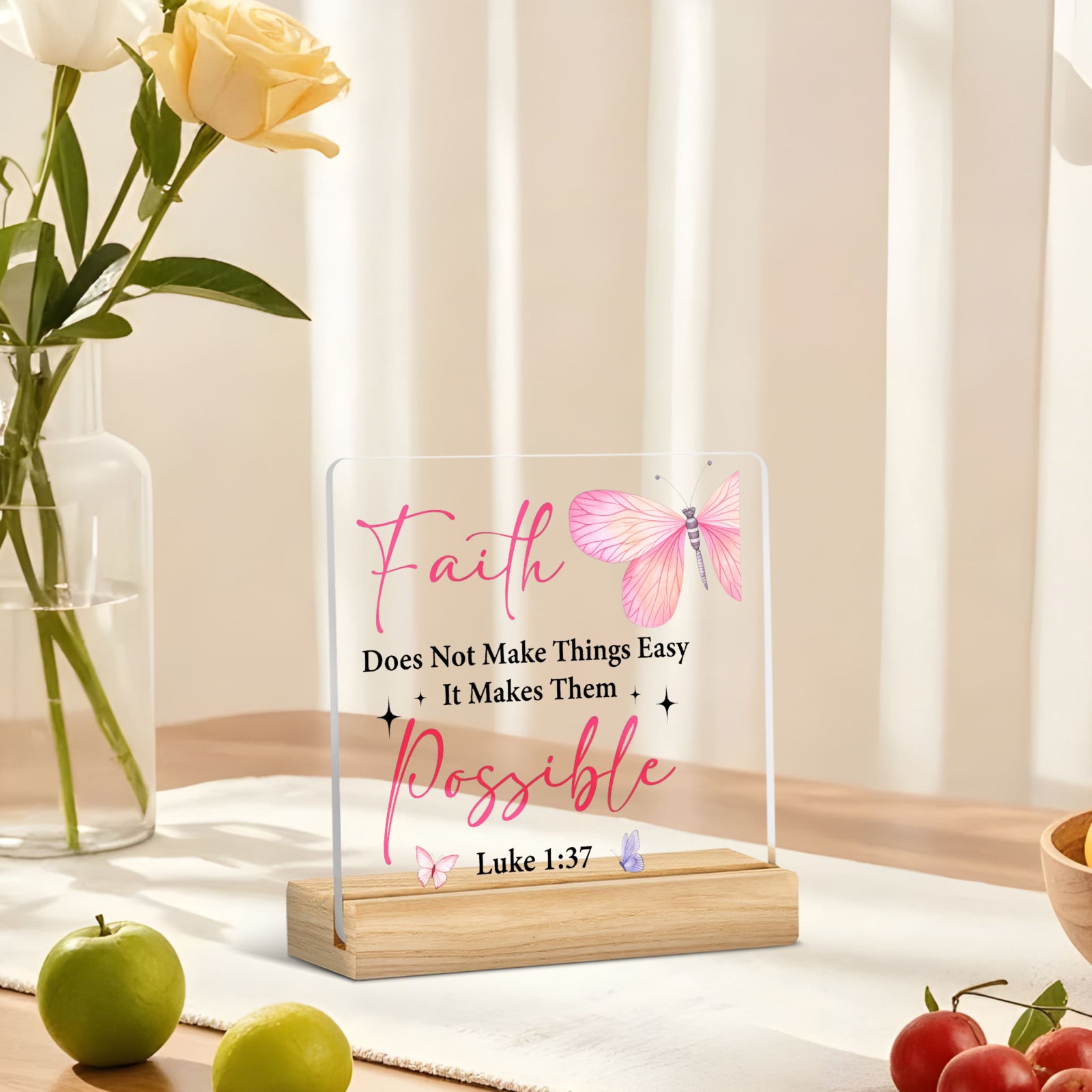 2D Flat, 1pc Christian Faith Plaque "Faith Does Not Make Things Easy It Makes Them Possible" Luke 137 Verse with Pink Butterfly Design - Acrylic Religious Wall/Table Decor Suitable for Home, Office, Easter Gifts for Women,, Church Decoration