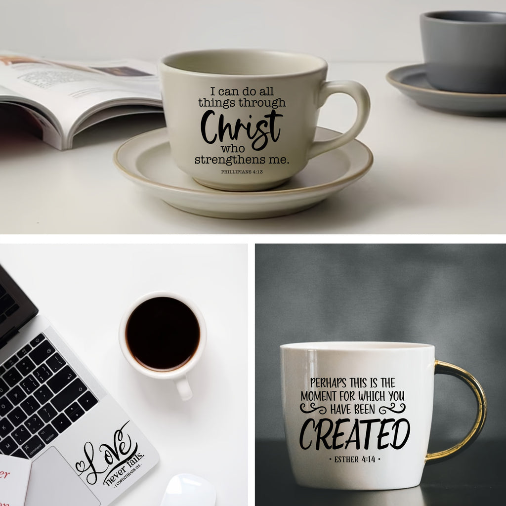 12pcs/set Inspirational Bible Verse DTF Transfer, High Adhesion, Suitable for Coffee Cups, Glass Jars, Ceramic Bottles, Laptops, and Phones, Unique Verse Designs, Cup Packaging