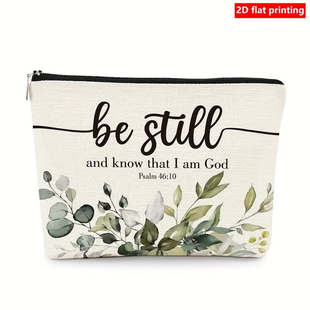 1pc "Be Still, And Know That I Am God" - Beige Elegant Floral Bible Verse Cosmetic Bag, Zipper Travel Pouch, Suitable for Men And Women, Church Essential, Daily Use, Religious Gift, Serene Aesthetic, Durable Zipper, Faith Accessory