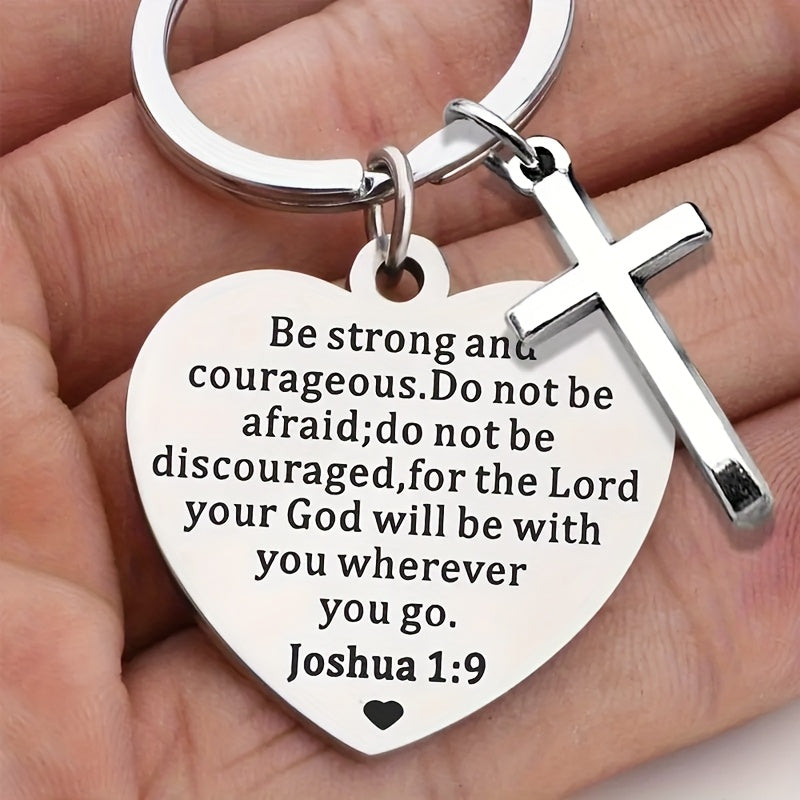 1pc MOLANXUAN Stainless Steel Cross Keychain with Inspirational Bible Verse - Simple Style Religious Keyring, Be Strong and Courageous Charm, Christian Gift for Christmas, Thanksgiving Day, New Year, Valentine'S Day, Father'S Day, Mother'S Day
