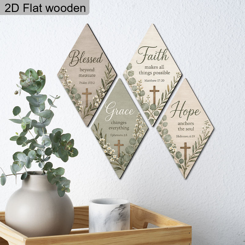2D Flat, 4pcs Faith Hope Grace Blessed Bible Verse Printed Wall Decor Plaque, Rustic Eucalyptus Floral Cross Faith Wooden Sign, Farmhouse Style Home Wall Decor for Living Room Bedroom, Christmas Gift, 2D Flat