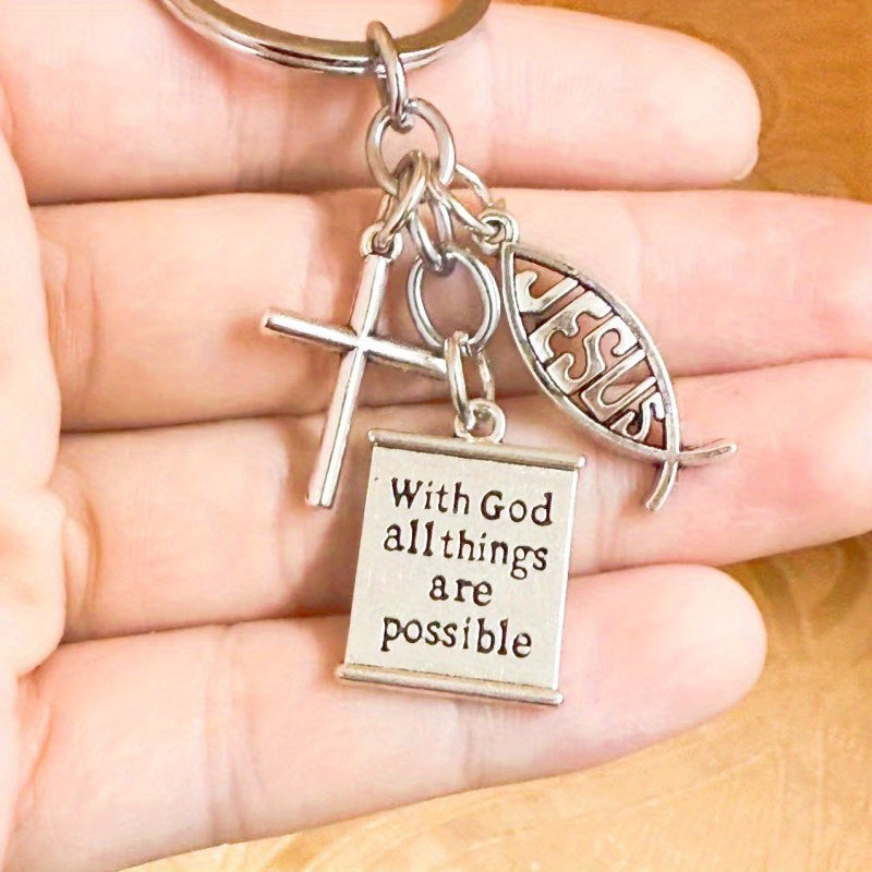 with God Allthings Are Possible Keychain, Cross Keyring,  Keychain, Men Bag Pendant Zinc Alloy Accessories