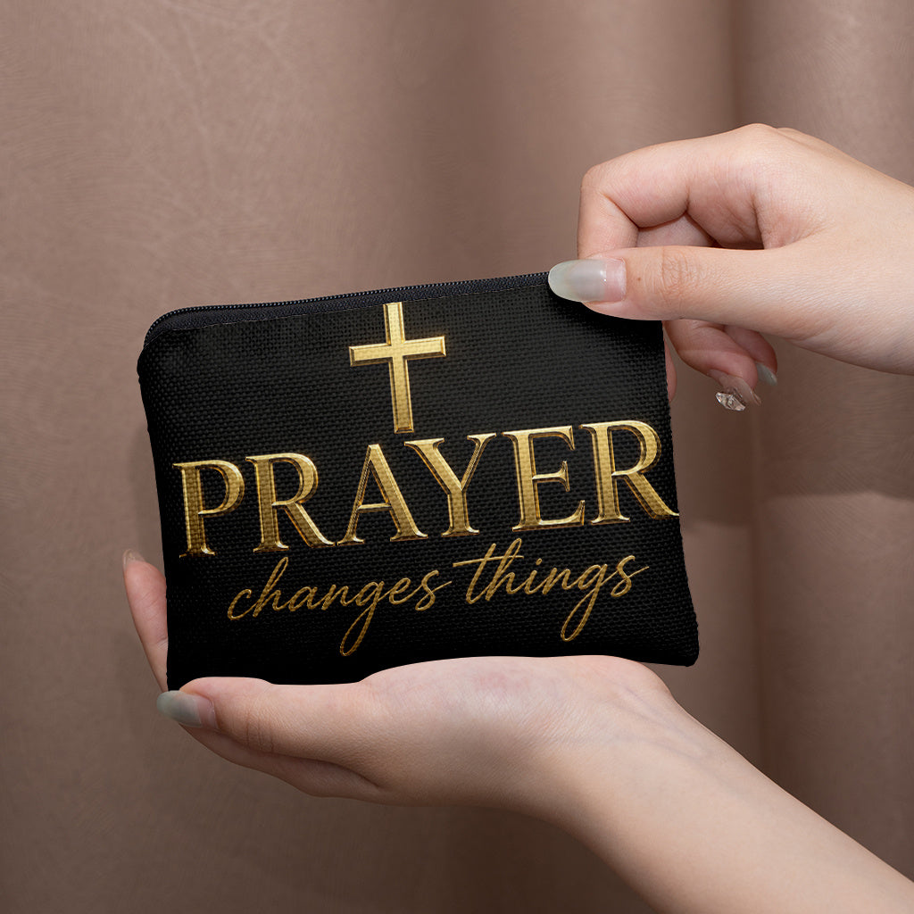 Coin Purse, Prayer Changes Things -Material Double Zippered Wallet And Organizer Pouch, Machine Washable Durable Fabric Wallet with Lipstick And Earphone Organizer, Gift for Travel, Everyday Use