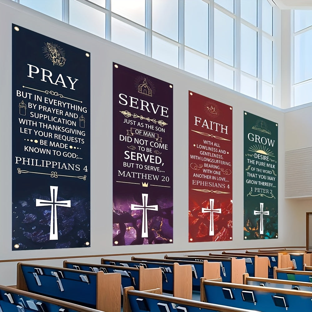 2D Flat, 2D Flat - 2D Flat, 2D Flat - 2D Flat Banner, 4pcs Easter Church Banners with Bible Verses - Christian Worship Background Decor, Suitable for Sanctuary, Prayer, Remembrance - Durable All-Season Hanging Banner, Ideal for Church