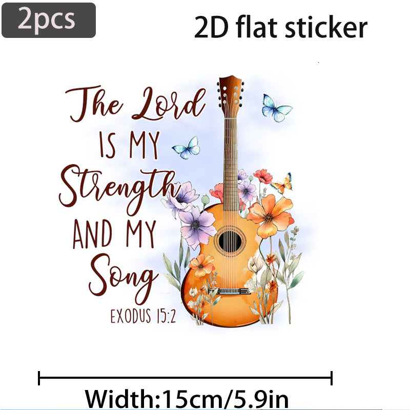 2pcs 2D Plat Sticker - The Lord Is My Strength and My Song Exodus 15:2 Bible Verse with Guitar and Flowers Vinyl Decal for Laptop, Water Bottle, Vehicle, Wall, Cup, Refrigerator