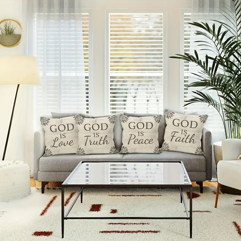 Set of 4 Christian-Themed Farmhouse Style Pillow Covers Featuring The Phrases 'God Is Love, Truth, Peace, Faith', Perfect for Decorating Your Home, Bedroom, Or Sofa