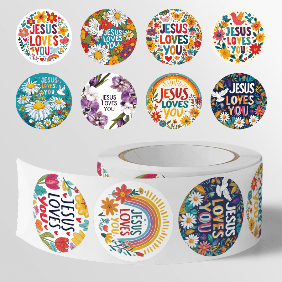 PVC Material, 520pcs/roll, Floral "Jesus Loves You" Pattern Decorative Stickers, Back-to-School Season, Halloween, Christmas, 10 Different Patterns, Suitable for Gift Wrapping Labels, Party Favors, Journal Decoration, Gift Packaging Embellishments