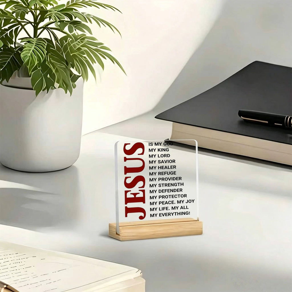 1pc JESUS Red Lettering Paperweight with Wooden Base & Acrylic Top - Religious Desk Decor Suitable for Christmas, Showers,, Office - Jesus-Themed Ornament for, Church, or Gift for Christians