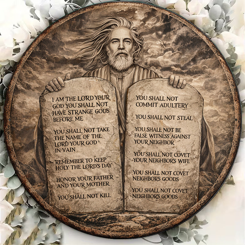 2D Flat, 2D Flat Round Wooden Sign, Vintage Wooden Plaque Featuring the Ten Commandments, Moses' Ten Commandments Decorative Plaque, Suitable for Living Room Decor, Study Decor, Religious Site Decor, or as a Gift. English (Meets Product Requirements