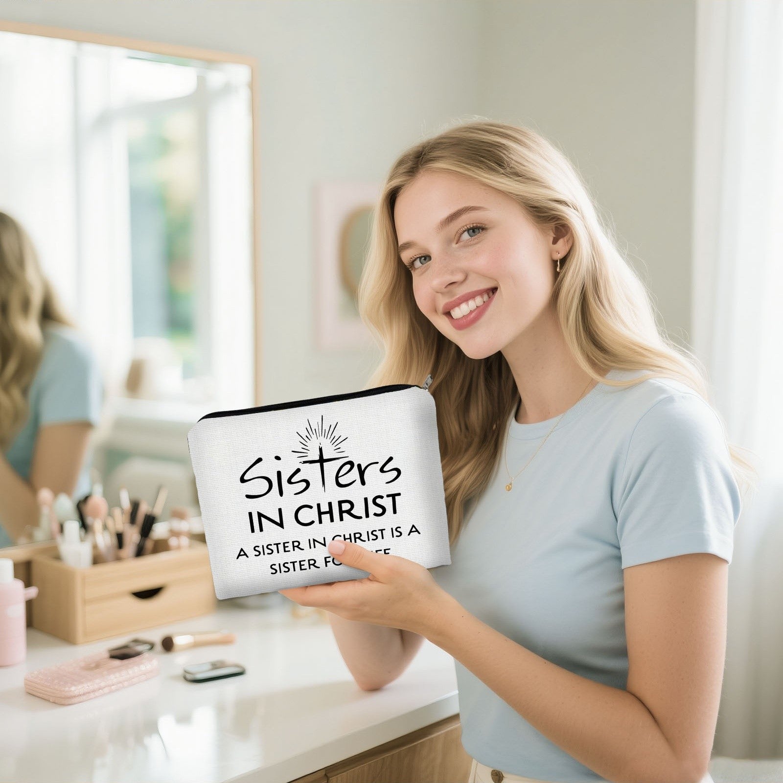 1pc Christian Sisters Double - Sided Cosmetic Bag, 22.0cm*14.99cm Size, Polyester Material, Stylish & Practical, Ideal for Daily Makeup Storage, On - the - Go Beauty Essentials, Clean Design with "Sisters IN CHRIST" Message
