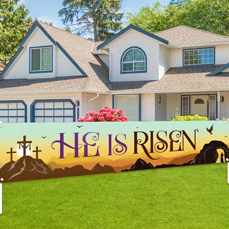 He Is Risen" Easter Banner - Durable Polyester with Religious Cross & Sunrise Design, Perfect for Spring/Summer Outdoor Decor, Versatile Holiday Entrance Accent