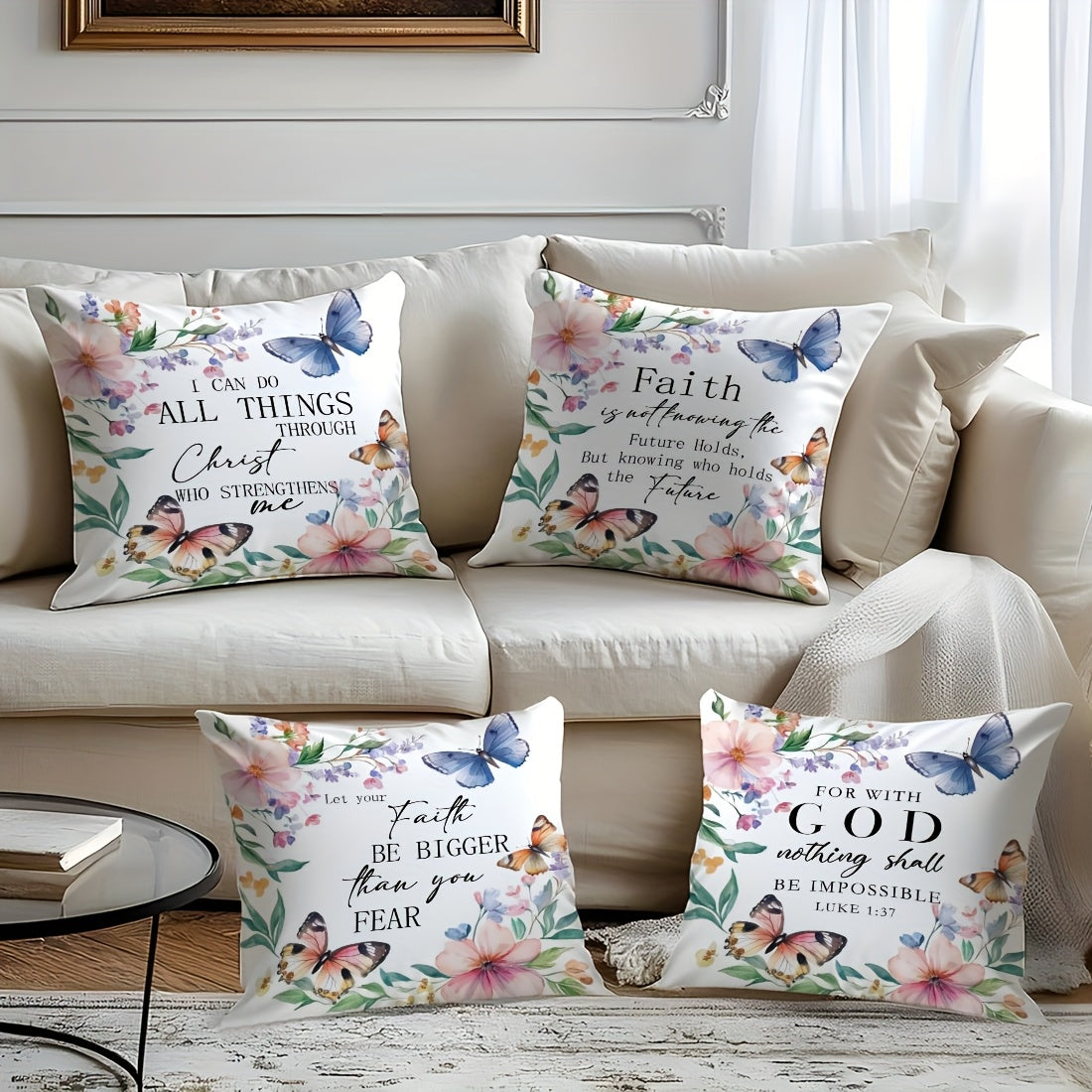 4pcs Set, Single-Sided Printed Pillowcases, Watercolor Butterfly Floral Bible Verse Pillowcases, 44.96 X 44.96 cm, Home Decor Pillowcases Suitable for Living Room Sofa Bedroom, Pillow Inserts Not Included