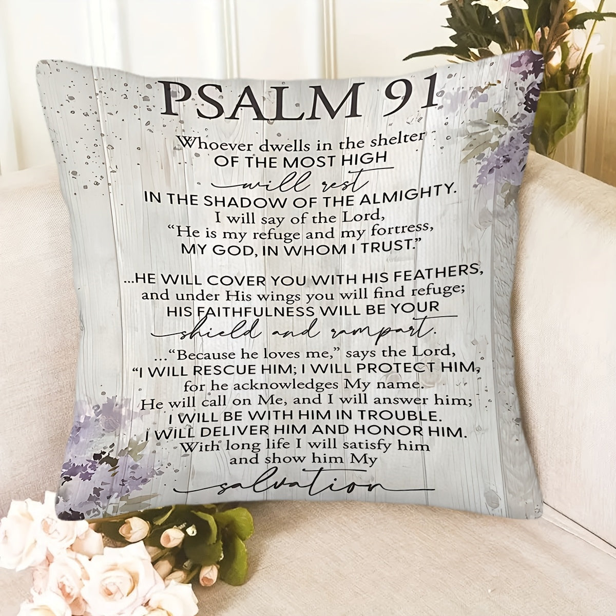 1pc, Psalm 91 Decorative Pillow Cover, Bible Verse Pillowcase, Cushion Cover for Sofa or Throw Pillows, Single-Sided Print (Pillow Insert Not Included). Suitable for Decorating Bedrooms, Living Rooms, Studies, Prayer Rooms, Offices, and Other Spaces.