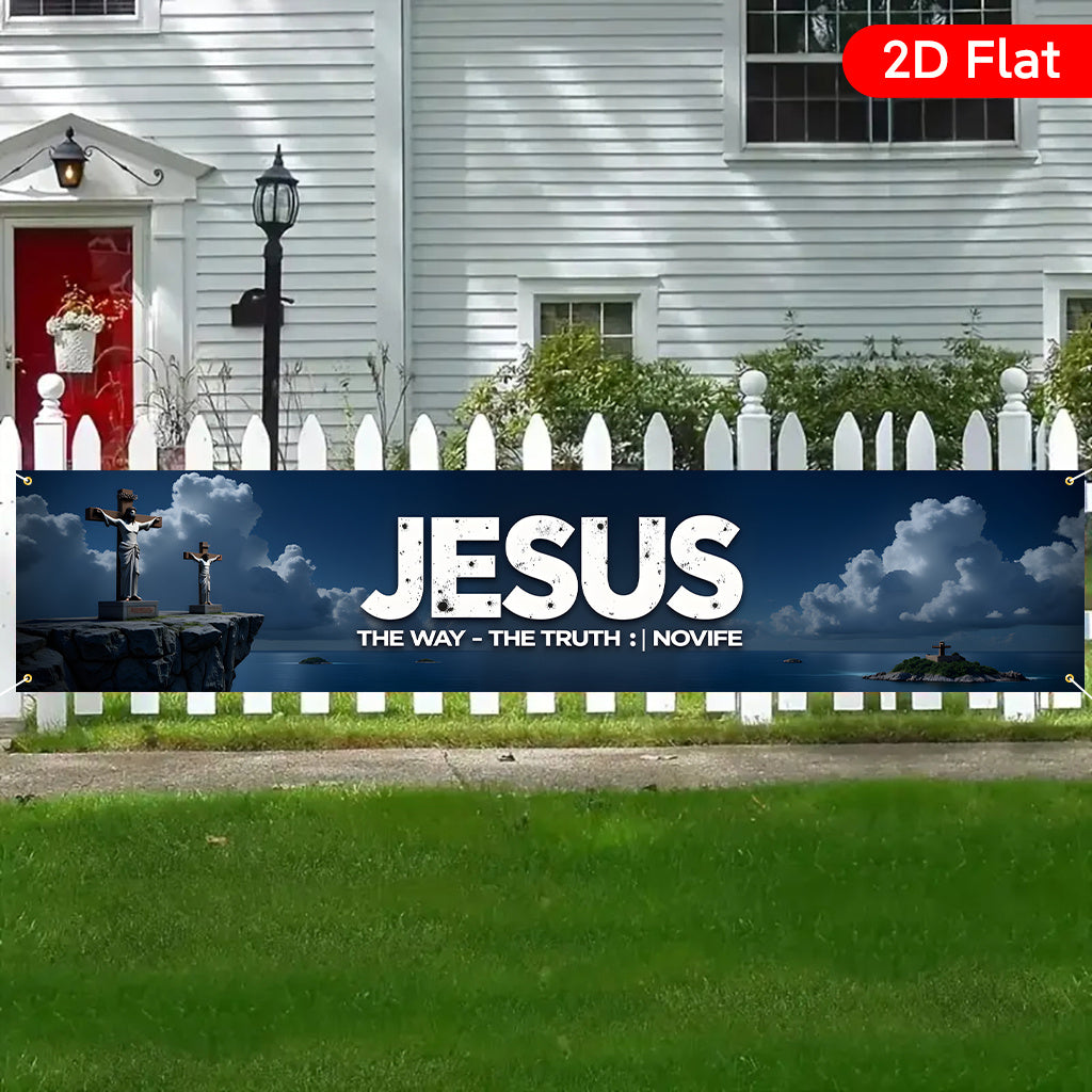 2D Flat, 2D Flat Banner 1pc Large Christian  Cross Faith Banner - Heavy-Duty Indoor/Outdoor Church Decoration with  & Cross Design, White Lettering & Bible Verse John Wedding, Birthday, Easter, Christmas, Thanksgiving Party Decorations - No Elect