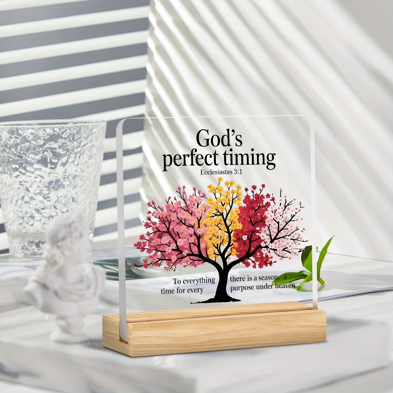 2D Flat - [2D Flat] A 2D Flat Religious Inspirational Acrylic Desktop Ornament, Featuring The Phrase "God'S Perfect Timing" And a Pattern of Trees with Flowers for All Four Seasons
