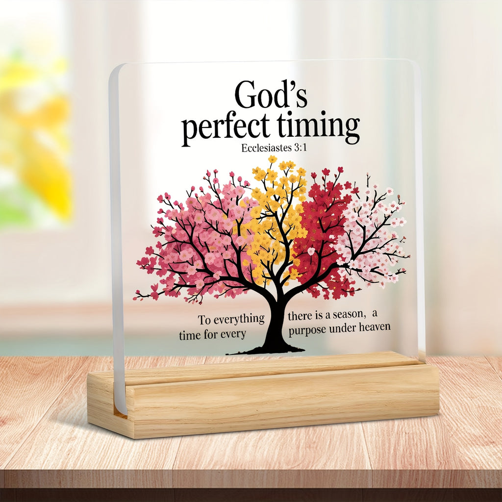 2D Flat - [2D Flat] A 2D Flat Religious Inspirational Acrylic Desktop Ornament, Featuring The Phrase "God'S Perfect Timing" And a Pattern of Trees with Flowers for All Four Seasons