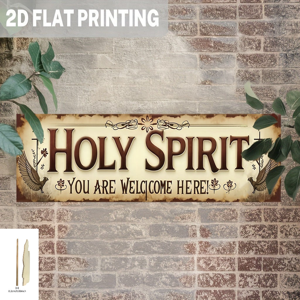 2D Flat, Bohemian Wood "The Holy Spirit You Are Welcome Here" Sign - Vintage Suitable for Church Religious Wall Decor, Rustic Hanging Plaque with English Lettering, Rectangular Wooden Decoration, 2D Flat