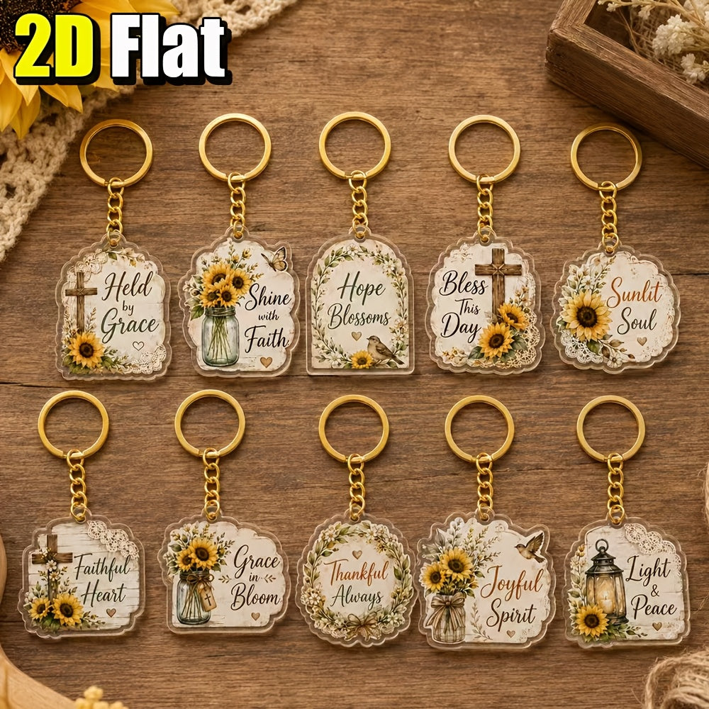 2D Flat, 12-Pack 2D Flat Retro Sunflower Christian Acrylic Keychains, Inspirational Bible Verse Faith Cross Key Rings, Religious Spiritual Gift, Suitable for Women, Floral Flat Keychains for Bag Decoration, Random Style