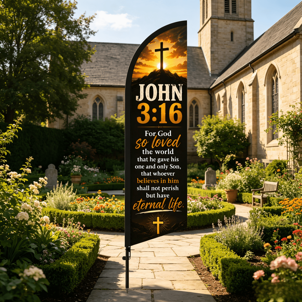 JOHN 3:16 Themed Church Decorative Pennant Flag, Beach Flag, Feather Flag. 198.12 cm Tall (pole Not Included), Polyester-blend Polyester Fiber Fabric,, Sun-resistant, and Fade-resistant. The Scripture Typography Is Simple and Elegant with Soft