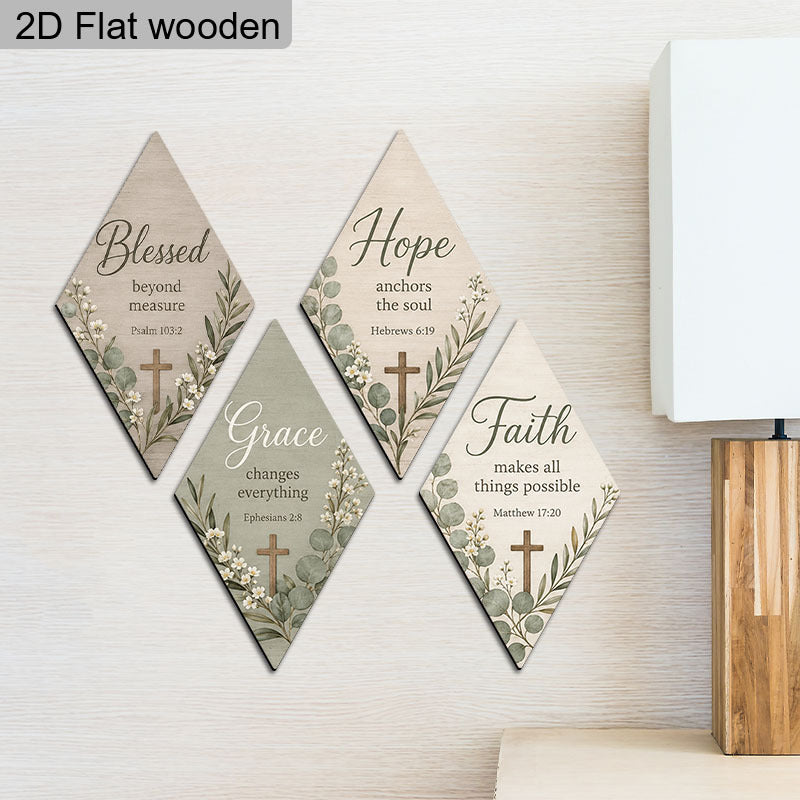 2D Flat, 4pcs Faith Hope Grace Blessed Bible Verse Printed Wall Decor Plaque, Rustic Eucalyptus Floral Cross Faith Wooden Sign, Farmhouse Style Home Wall Decor for Living Room Bedroom, Christmas Gift, 2D Flat