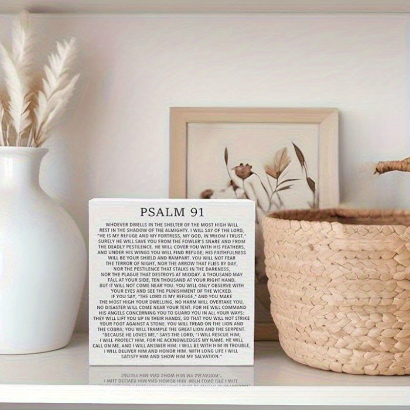 Psalm 91 Bible Verse Plaque - Vintage Wall And Tabletop Decor, English And Hebrew Lettering Design - Durable Faux Wood Scripture Sign, Ideal for Home, Church, Office - Inspirational Religious Gift (Psalm 91:1-23)