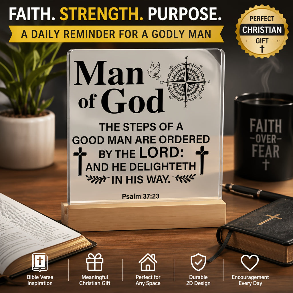 2D Flat, 2D Flat 1pc Modern Christian Bible Verse Hanging Plaque for Men - Psalm 37:23 Scripture Sign, Suitable for Home Office Desktop Decor, Men's Personal Space Bookshelf Accent, Can Be Used as a Birthday, Anniversary, or Christmas Gift Halloween