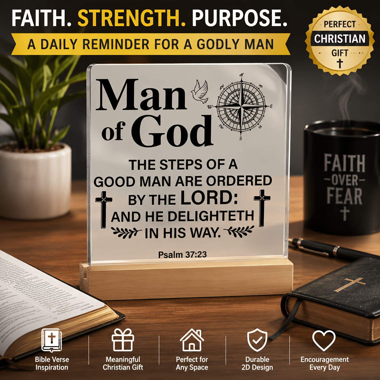 2D Flat, 2D Flat 1pc Modern Christian Bible Verse Hanging Plaque for Men - Psalm 37:23 Scripture Sign, Suitable for Home Office Desktop Decor, Men's Personal Space Bookshelf Accent, Can Be Used as a Birthday, Anniversary, or Christmas Gift Halloween