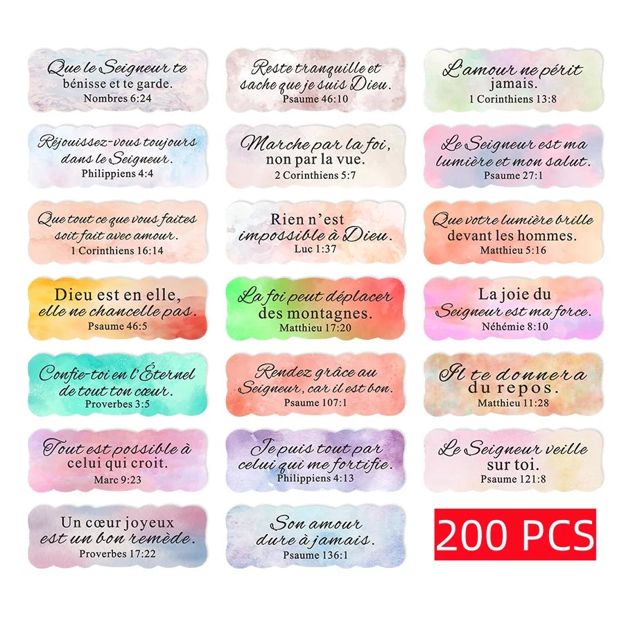 200 Pcs French Bible Verse Stickers – Inspirational Scripture Stickers with Watercolor Design, Faith Quote Labels for Journals