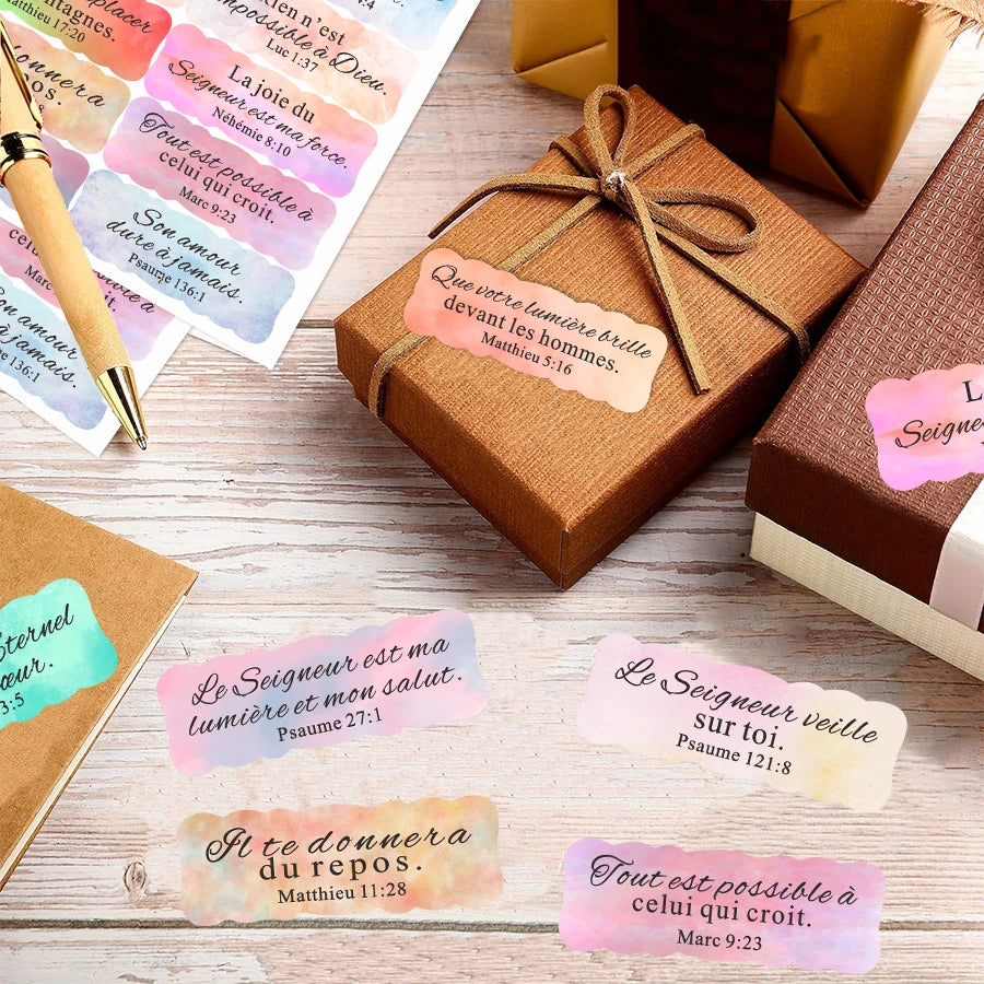 200 Pcs French Bible Verse Stickers – Inspirational Scripture Stickers with Watercolor Design, Faith Quote Labels for Journals