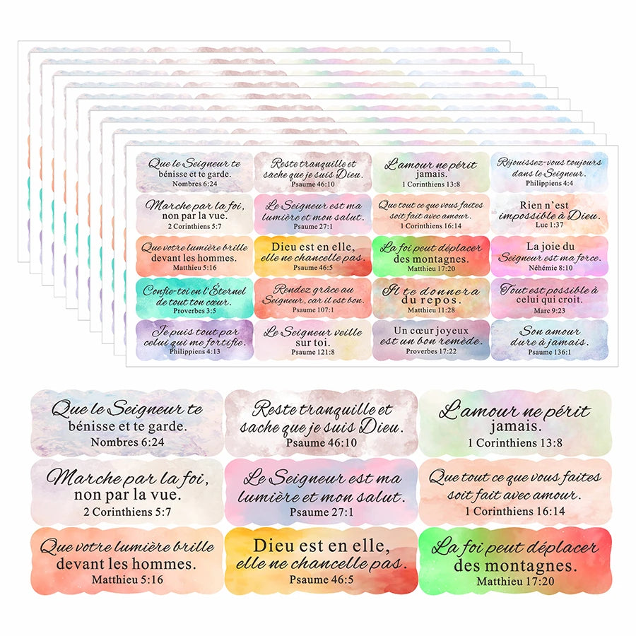 200 Pcs French Bible Verse Stickers – Inspirational Scripture Stickers with Watercolor Design, Faith Quote Labels for Journals
