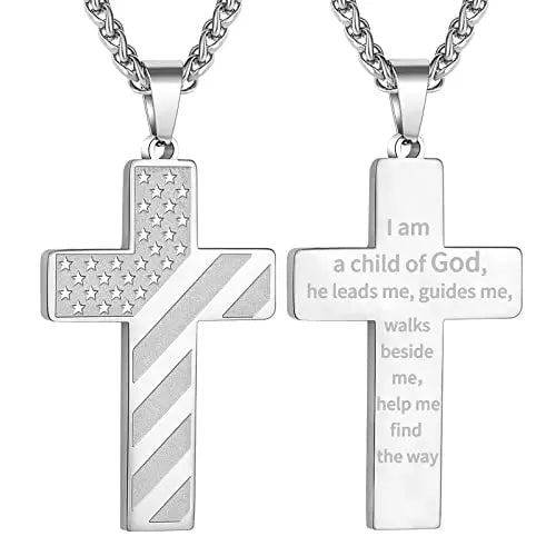 Men's 18+2 Inch Cross American Flag Pendant Necklace Gold Plated Stainless Steel Fashion Jewelry with Bible Verse Boys Gift Idea