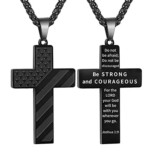 Men's 18+2 Inch Cross American Flag Pendant Necklace Gold Plated Stainless Steel Fashion Jewelry with Bible Verse Boys Gift Idea