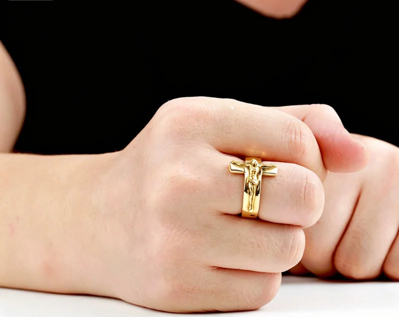 Cross Ring 18K Gold Plated  Stainless Steel Religious Jewelry Unisex Daily Wear Gift