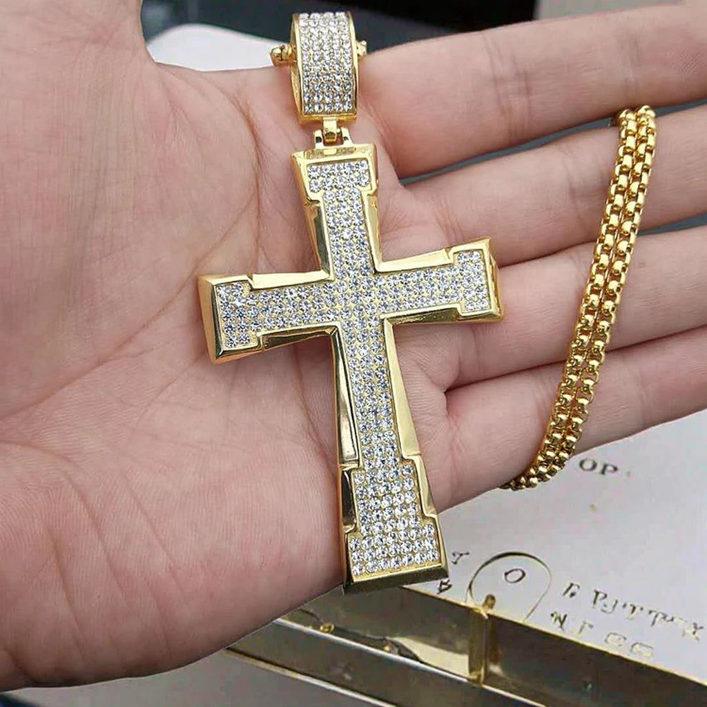 Hip Hop Men's Fully CZ Diamond Stainless Steel Cross Necklace Gold Plated Box Chain with Religious Style for Gift Engagement