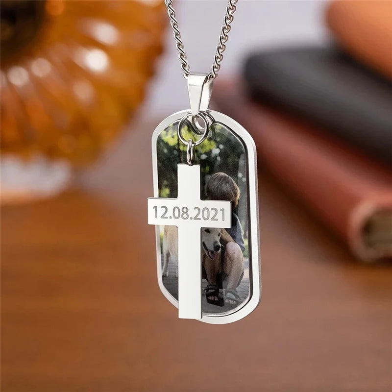 Personalized Custom Made DIY Couple Pet Photos Stainless Steel Badge Necklace with Engraved Cross Pendant