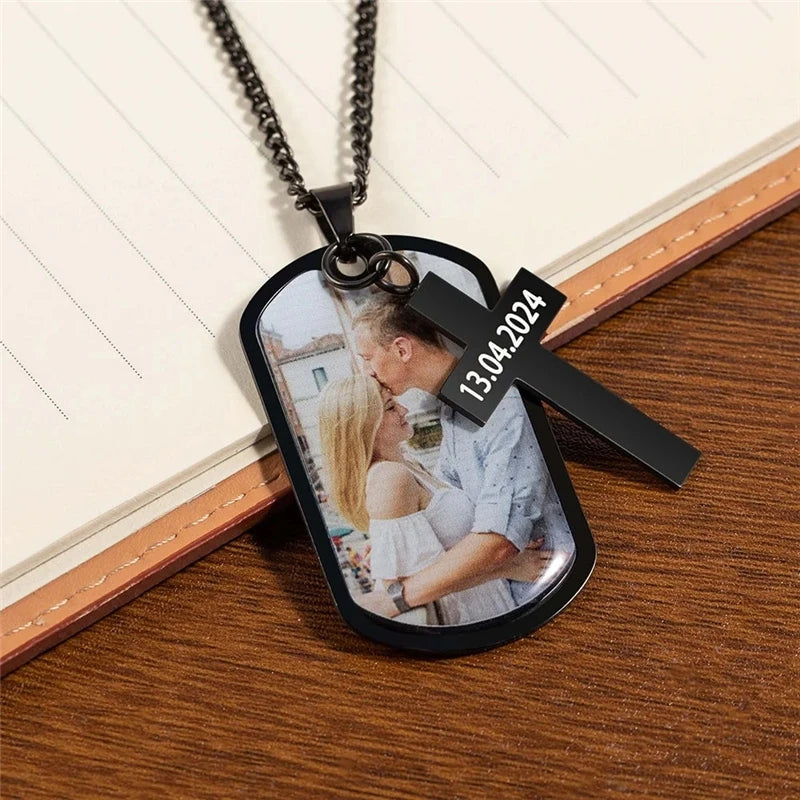 Personalized Custom Made DIY Couple Pet Photos Stainless Steel Badge Necklace with Engraved Cross Pendant