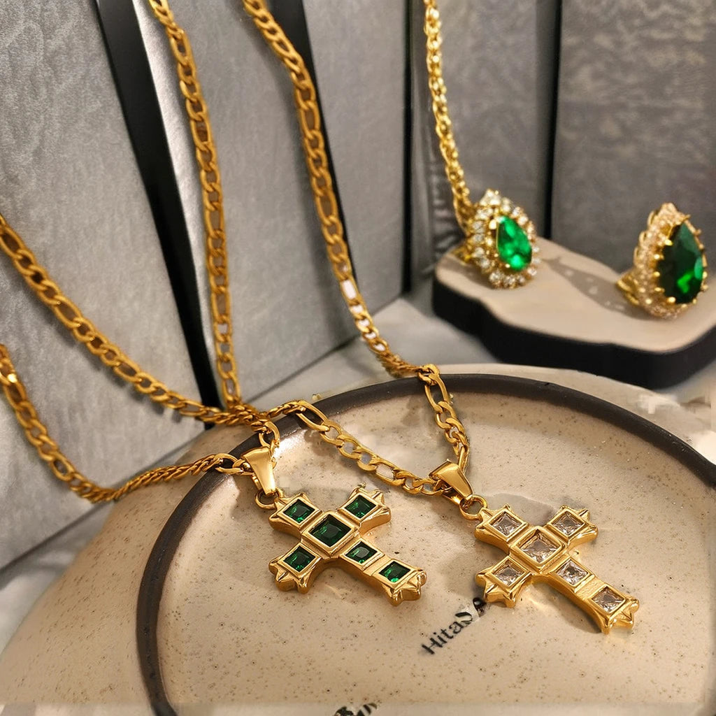 18K Gold Non-Fading Stainless Steel Cross Pendant Necklace Women's Religious Jewelry Cruz De Acero Inoxidable