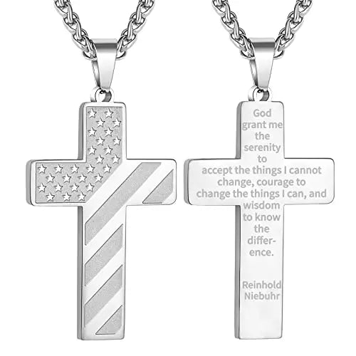 Men's 18+2 Inch Cross American Flag Pendant Necklace Gold Plated Stainless Steel Fashion Jewelry with Bible Verse Boys Gift Idea