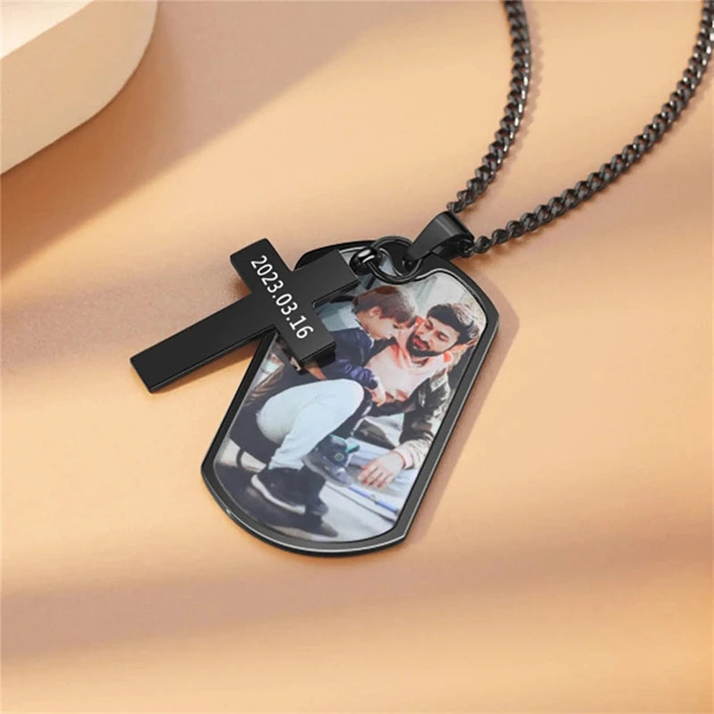 Personalized Custom Made DIY Couple Pet Photos Stainless Steel Badge Necklace with Engraved Cross Pendant