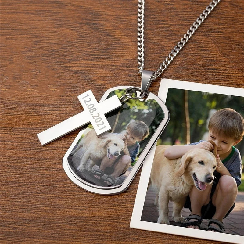 Personalized Custom Made DIY Couple Pet Photos Stainless Steel Badge Necklace with Engraved Cross Pendant